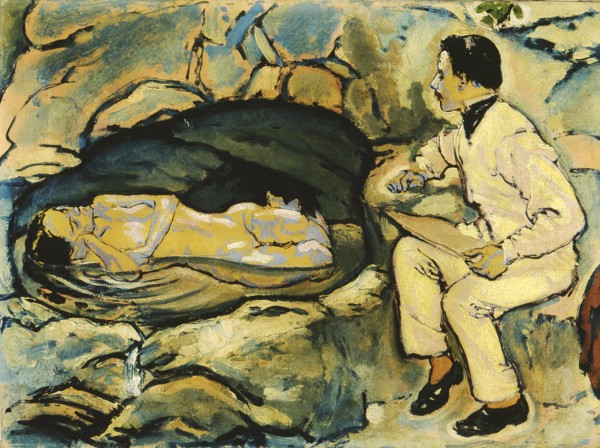 Self-Portrait, drawing with mermaid in the rock grotto, 1914.
