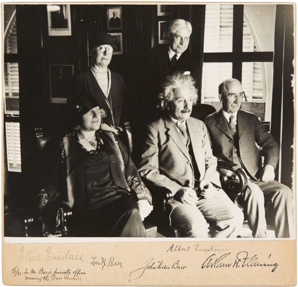 Albert and Elsa Einstein, John and Lora Baer and Arthur H. Fleming, Pasadena, 1 January 1931, 1931.