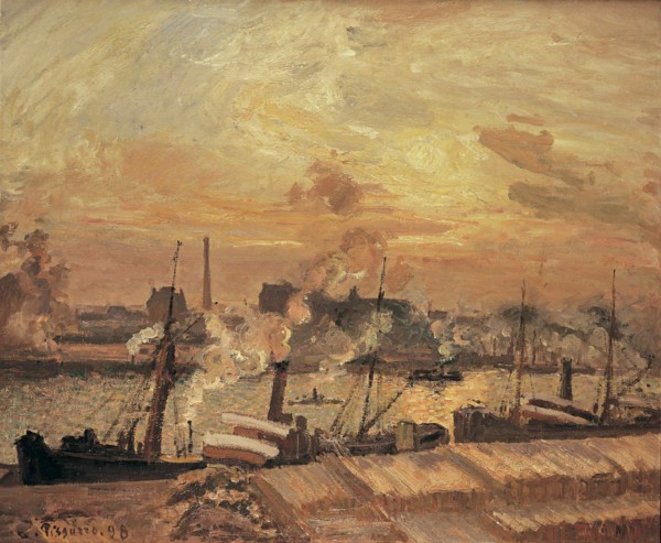 Déchargement de bois, quai de la Bourse, coucher de soleil, 1898.
