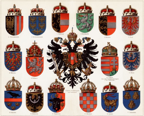 Coats of arms of Counties of Austria-Hungary and small Austrian national coat of arms, c. 1907.