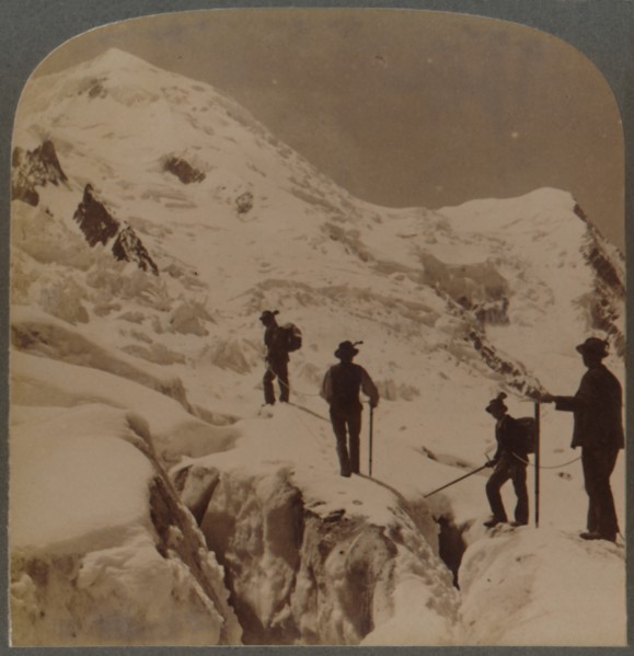 Ascent of Mt. Blanc - crossing Bossons Glacier - Grands Mulets in distance, Alps', 1901.