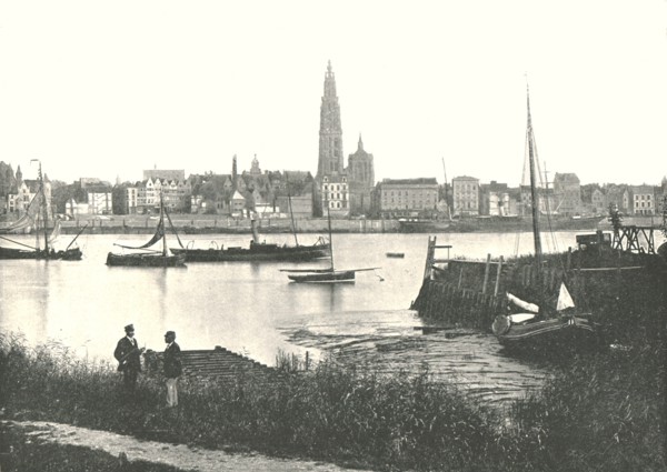 View across the River to the Cathedral, Antwerp, Belgium, 1895.