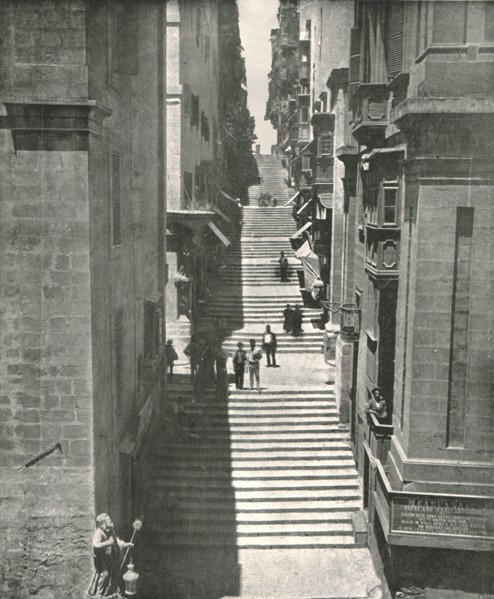 A steep street in Valletta, Malta, 1895.
