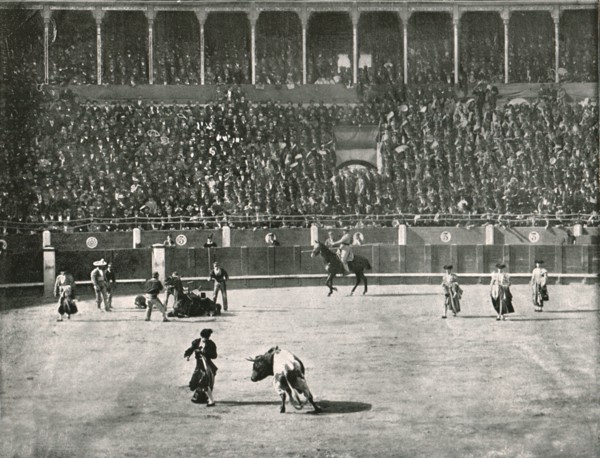 The interior of the Bullring, Madrid, Spain, 1895.