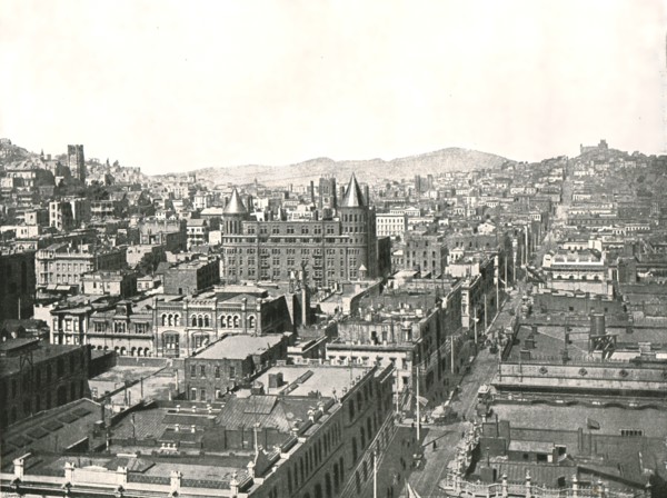 Bird's eye view from the tower of the Chronicle Building, San Francisco, USA, 1895.