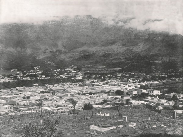 General view showing Table Mountain wreathed in vapour, Cape Town, South Africa, 1895.