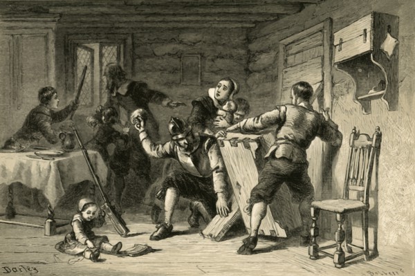 Puritans Barricading Their House Against Indians', (1877).