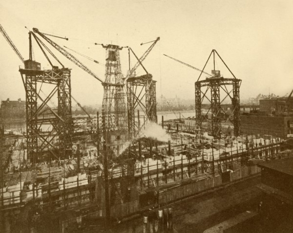 Cranes at Work on the London County Hall', c1930.
