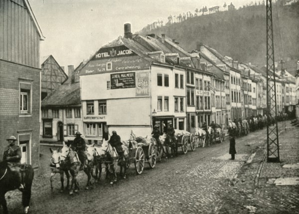 Our Transport Passing Through Malmedy, the First German Town Over the Frontier', (1919).