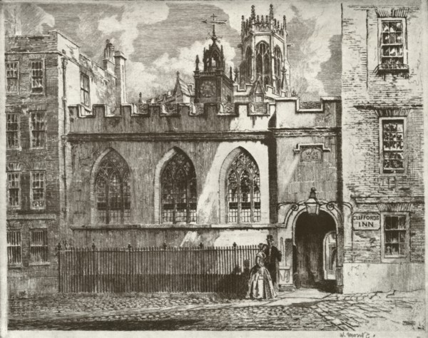 Clifford's Inn Hall and Clock Turret, with the Lantern Tower of St. Clement Danes Beyond', 1934.