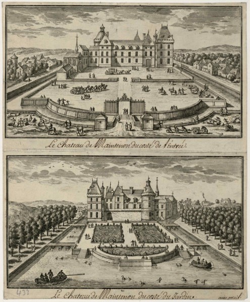 View of the Château de Maintenon from the entrance and from the garden, 17th century.