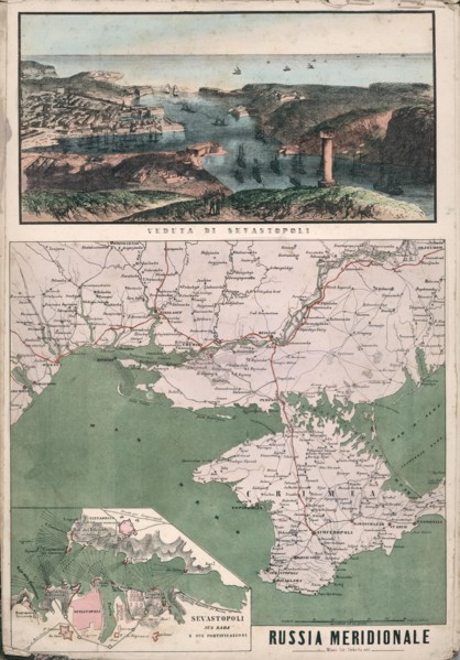 Map of southern Russia with view of Sevastopol Bay and its fortifications, 1853.