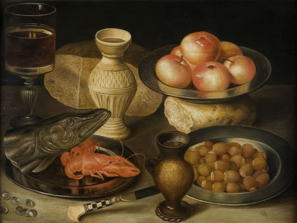 Still life with Siegburg stoneware jug, glass, knife, two loaves, three pewter plates?, Early 17th c