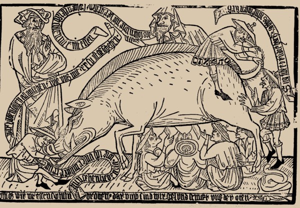 Judensau (Jews' sow), ca 1470.