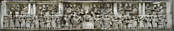 Constantine distributing money to the people (Liberalitas). Detail of the Arch of Constantine, 312-3