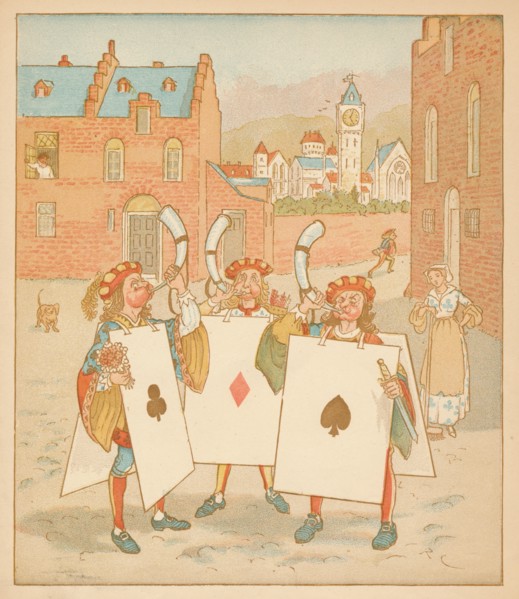 Horn-blowers wearing playing cards, 1880.