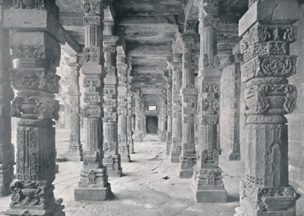 Delhi. Corridor of Hindu Pillars in Kutub Mosque', c1910.