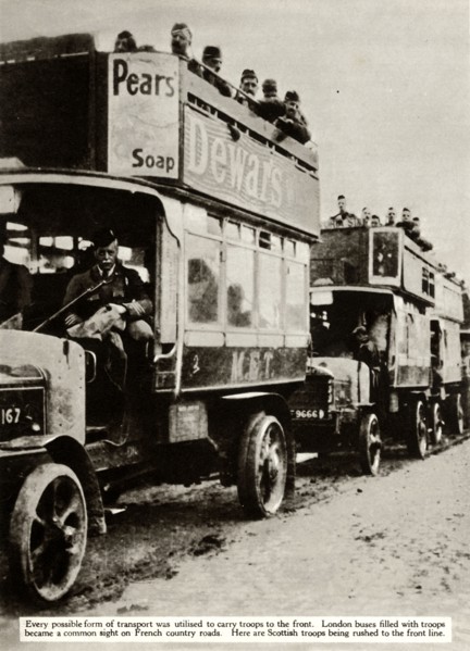 London buses taking Scottish troops to the front, First World War