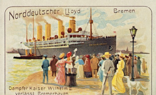 The giant SS 'Kaiser Wilhelm II' pulls away from the quayside at Bremerhaven, Germany