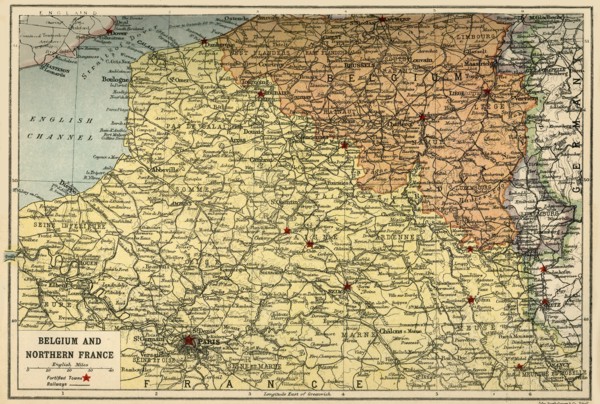 Map of Belgium and Northern France, c1914, (c1920).  Creator: John Bartholomew & Son.