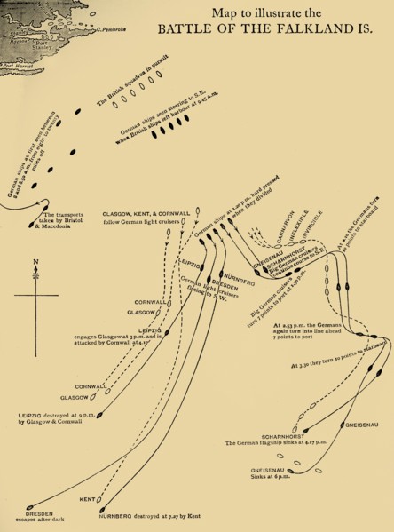 Map illustrating the Battle of the Falkland Islands on 8 December 1914, (c1920). Creator: Unknown.