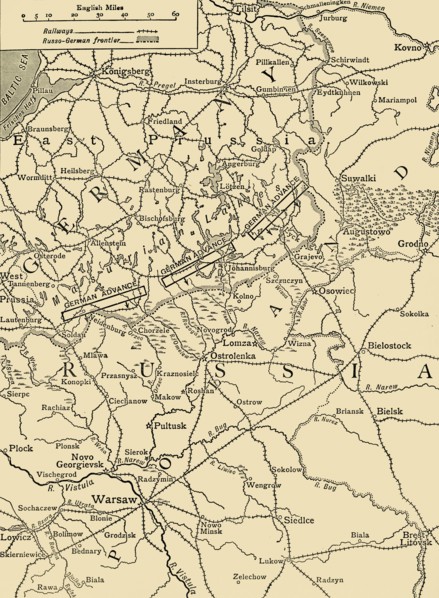 'Sketch Map to Illustrate the German Attack north of Warsaw in February, 1915', (c1920). Creator: Unknown.