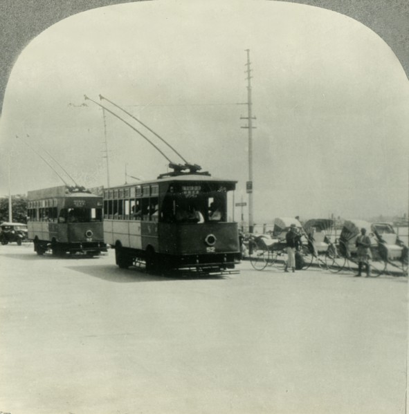 'Trackless Tram Cars in Singapore, Straits Settlement, British Malaya', c1930s. Creator: Unknown.