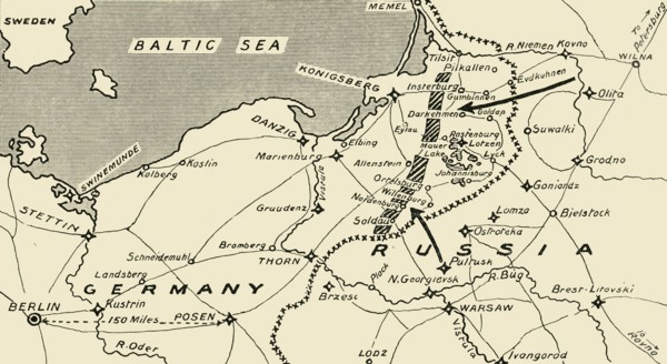 'Map illustrating the Russian Invasion of East Prussia', 1915. Creator: Unknown.