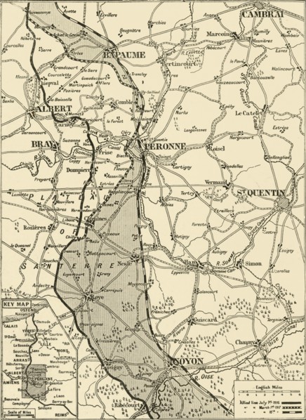 'Map Showing German Retreat in the West, 1917', 1917. Creator: Unknown.