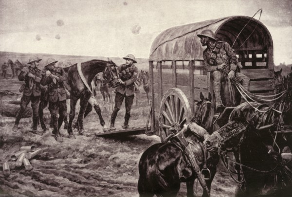 'Under the Blue Cross: Wounded Horses Being Conveyed to the Veterinary Hospital', 1917. Creator: Unknown.
