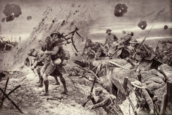 The Campbells are Coming! Brave Pipers Playing Highland Regiments to Victory', 1917. Creator: Unknown.
