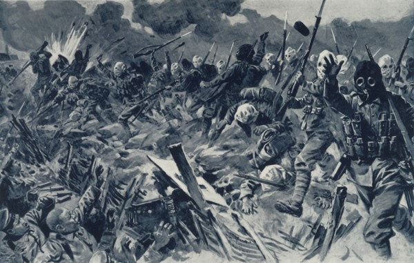 'Hooded British Territorials charging the German Trenches at Loos, September 25th, 1915', 1916. Creator: Unknown.