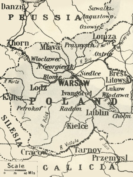 'Map of Poland Showing Russian Territory Occupied by Germany in August, 1915', 1916. Creator: Unknown.