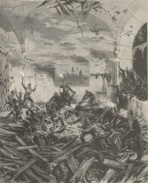 The Winter Palace after the explosion, evening of February 17, 1880.  Creator: De Haenen, Frédéric (1853-1928).