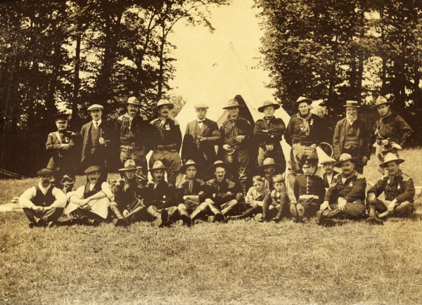 Group of men in uniform in front of a tipi, Buckinghamshire, 1913.  Creator: Unknown.