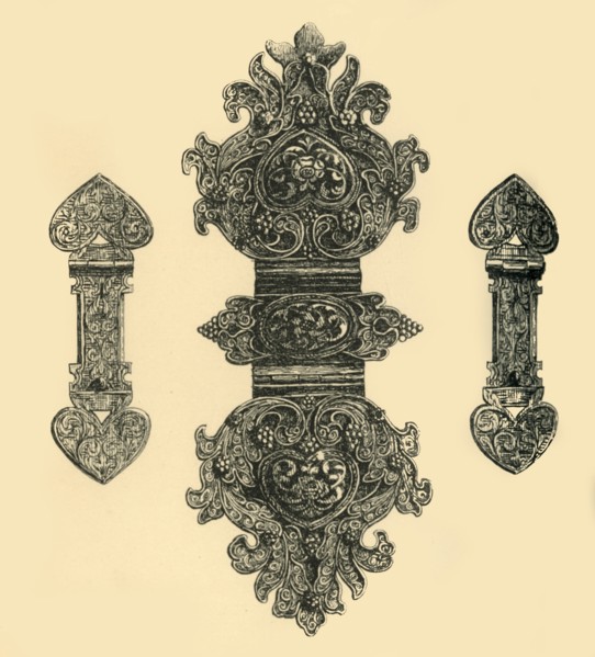 Silver book clasps, (1881).  Creator: W E Mackaness.