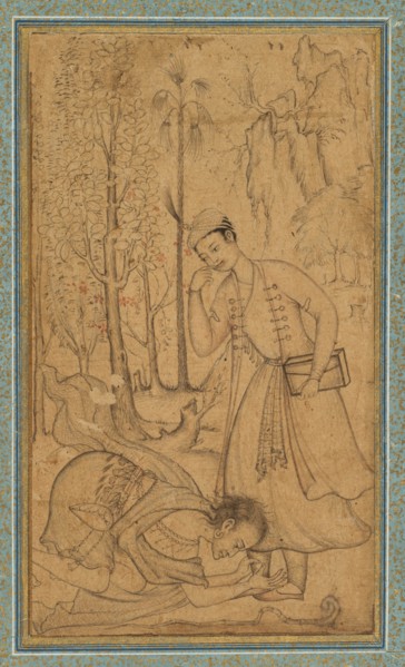 A Holy Man Prostrating Himself Before a Learned Prince, c. 1585; border added probably 1700s. Creator: Manohar (Indian), attributed to ; Basavana (Indian, active c. 1560-1600), and.