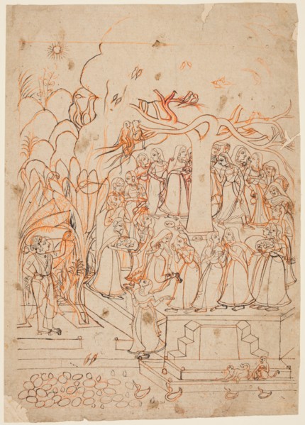A leaf from a Baramasa series: the month Jyestha (May-June), Krishna watches the Gopis..., c. 1760. Creator: Unknown.