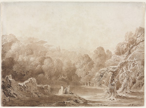 A Man Playing a Harp with other Figures beside a Lake, 1820. Creator: John Martin (British, 1789-1854).