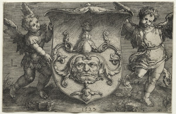 A Shield Bearing a Mask Supported by Two Genii, 1527. Creator: Lucas van Leyden (Dutch, 1494-1533).