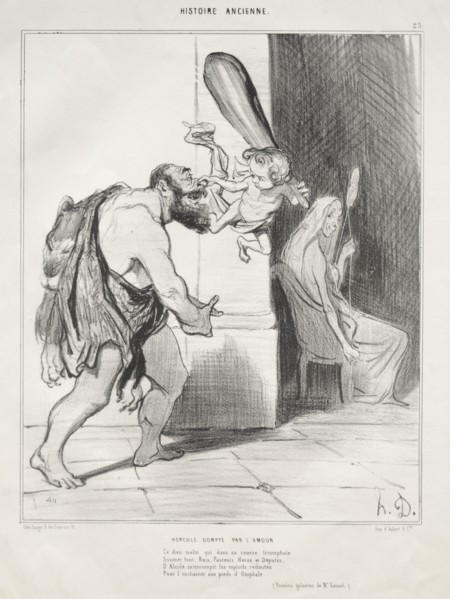 Ancient History, plate 25: Hercules Subdued by Cupid, 18 September 1842. Creator: Honoré Daumier (French, 1808-1879); Aubert.