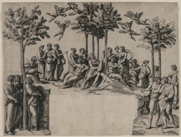 Apollo on Parnassus, c. 1517-1520. Creator: Marcantonio Raimondi (Italian, 1470/82-1527/34).