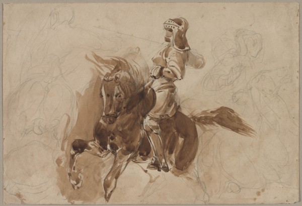 Armored Figure on Horseback (recto), c. 1828. Creator: Eugène Delacroix (French, 1798-1863).