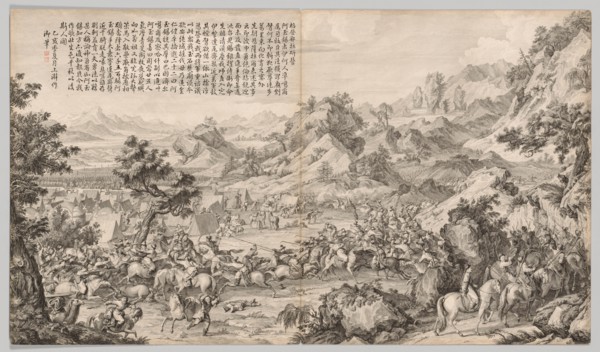 Attacking the Camp at Gatan Ola: from Battle Scenes of the Quelling of Rebellions..., c. 1765-1774. Creator: Giuseppe Castiglione (Italian, 1688-1766).
