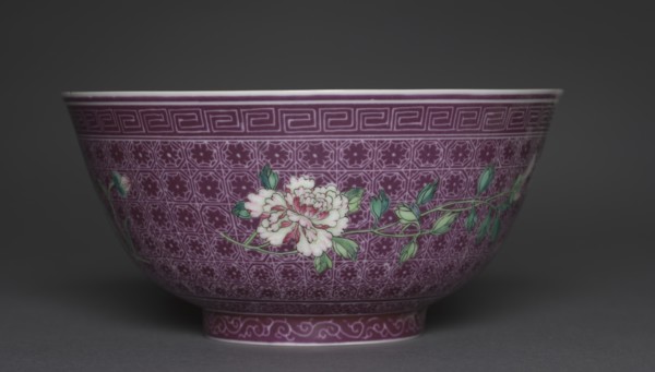 Bowl with Peony Sprays on Diaper Ground (exterior); Chrysanthemum Sprays (interior), 1736-1795. Creator: Unknown.