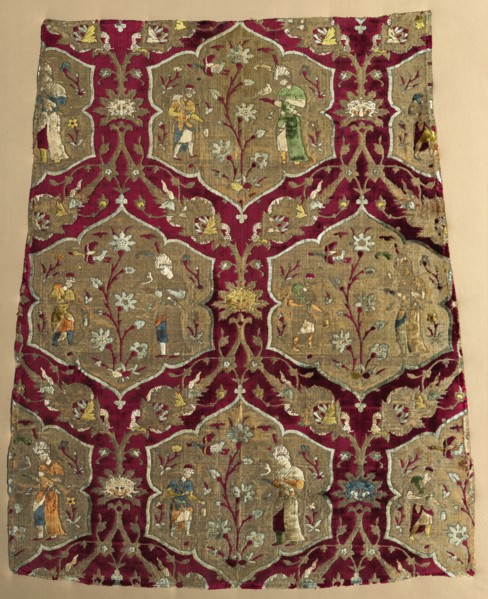 Brocaded velvet with falconer and attendant in animated lattice, from a robe, mid 1500s. Creator: Unknown.