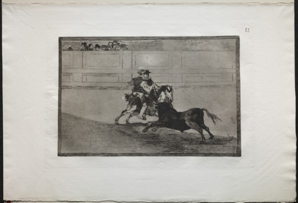 Bullfights: A Spanish Mounted Knight in the Ring Breaking Short Spears Without the Help..., 1876. Creator: Francisco de Goya (Spanish, 1746-1828).