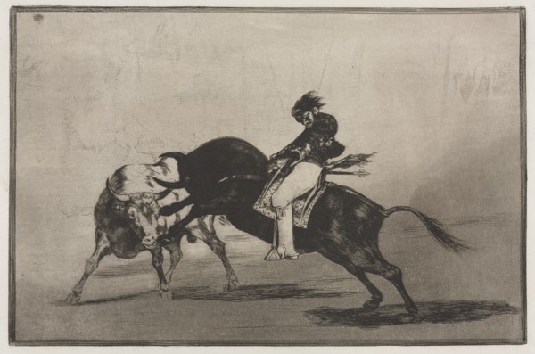 Bullfights: The Same Ceballos Mounted on Another Bull Breaks Short Spears in the Ring?, 1876. Creator: Francisco de Goya (Spanish, 1746-1828).