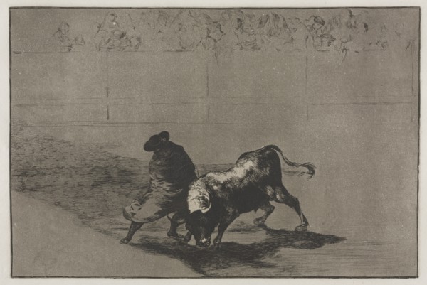 Bullfights: The Very Skilful Student of Falces, Wrapped in his Cape, Tricks the Bull..., 1876. Creator: Francisco de Goya (Spanish, 1746-1828).
