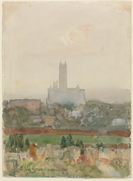 Canterbury Cathedral (recto); Hands Holding a Book (verso), 1889. Creator: Childe Hassam (American, 1859-1935).